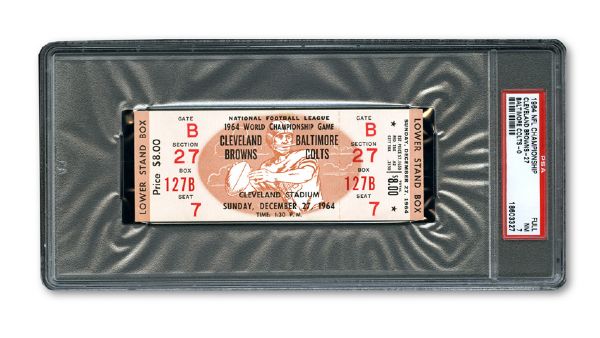 1964 NFL CHAMPIONSHIP GAME (CLEVELAND BROWNS - BALTIMORE COLTS) FULL UNUSED TICKET NM PSA 7