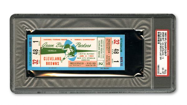1965  NFL CHAMPIONSHIP (GREEN BAY PACKERS - CLEVELAND BROWNS)  FULL UNUSED TICKET (BLUE VERSION) EX-MT PSA 6