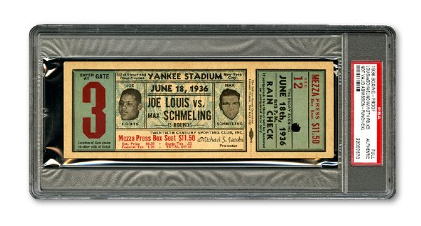 JUNE 18, 1936 JOE LOUIS VS MAX SCHMELING WORLD HEAVYWEIGHT CHAMPIONSHIP FIGHT FULL PROOF _ NOT VALID FOR ADMISSION (PUNCHED/CANCELLED) TICKET PSA AUTHENTIC