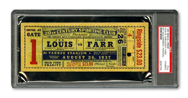 AUGUST 30, 1937 JOE LOUIS VS TOMMY FARR WORLD HEAVYWEIGHT CHAMPIONSHIP FIGHT PROOF - NOT VALID FOR ADMISSION -PUNCHED/CANCELLED FULL TICKET PSA AUTHENTIC