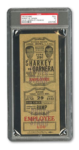 JUNE 29, 1933 JACK SHARKEY VS PRIMO CARNERA WORLD HEAVYWEIGHT CHAMPIONSHIP FIGHT FULL TICKET VG PSA 3 (1/1)