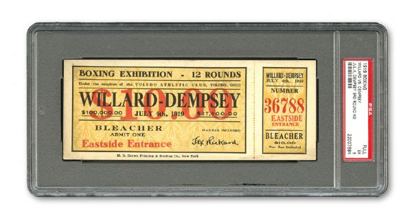 JULY 4, 1919 JESS WILLARD VS JACK DEMPSEY WORLD HEAVYWEIGHT CHAMPIONSHIP FIGHT FULL $10.00 TICKET EX PSA 5