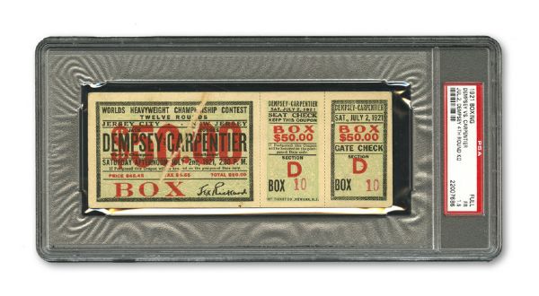 JULY 2, 1921 JACK DEMPSEY VS GEORGES CARPENTIER WORLD HEAVYWEIGHT CHAMPIONSHIP FIGHT FULL $50.00 BOX TICKET FR PSA 1.5 (1/1)