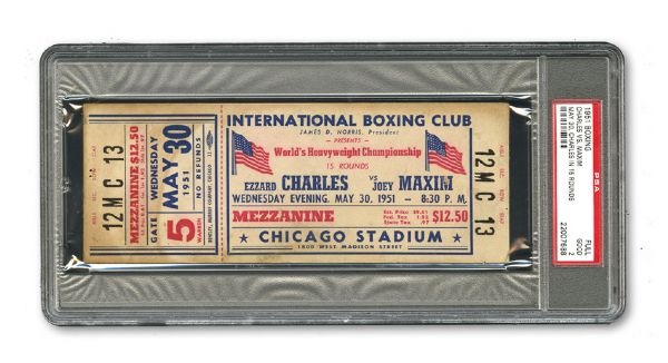 MAY 30, 1951 EZZARD CHARLES VS JOEY MAXIM WORLD HEAVYWEIGHT CHAMPIONSHIP FIGHT FULL TICKET GD PSA 2 (1/1)