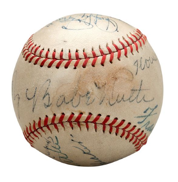 1943 "WAR BOND" HALL OF FAMERS AND STARS MULTI SIGNED BASEBALL INCL. RUTH, JOHNSON, WAGNER, SPEAKER AND COLLINS