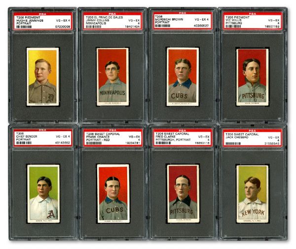 1909-11 T206 BASEBALL HALL OF FAME VG-EX PSA 4 PORTRAIT LOT OF 8 - BENDER, BROWN, CHANCE, CHESBRO, CLARKE, J. COLLINS, JENNINGS, AND WILLIS