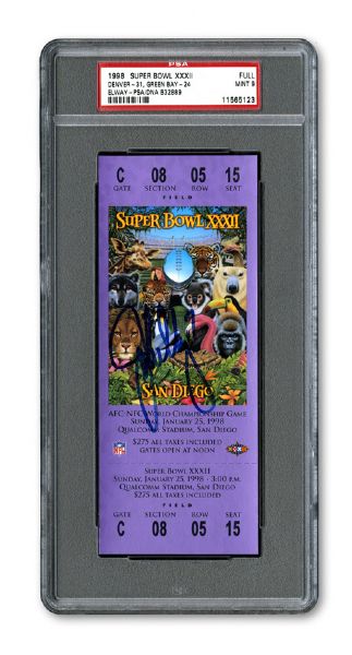 1998 SUPER BOWL XXXII (DENVER BRONCOS - GREEN BAY PACKERS) MINT PSA 9 FULL TICKET SIGNED BY MVP JOHN ELWAY PSA/DNA