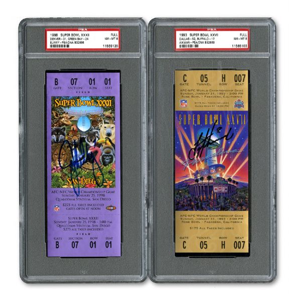 1993 SUPER BOWL XXVII FULL UNUSED TICKET SIGNED BY MVP TROY AIKMAN AND 1998 SUPER BOWL XXXII FULL UNUSED TICKET SIGNED BY MVP JOHN ELWAY - BOTH NM-MT PSA 8