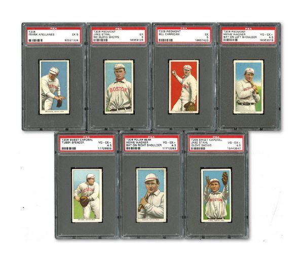 1909-11 T206 BASEBALL BOSTON RED SOX EX PSA 5 (3) AND VG-EX+ PSA 4.5 (4) LOT OF 7
