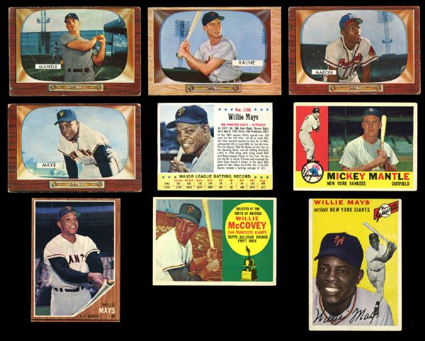 1954 THRU 1963 BOWMAN, TOPPS, AND POST HALL OF FAME LOT OF 21 INC MANTLE (3), MAYS (5), AARON, ETC