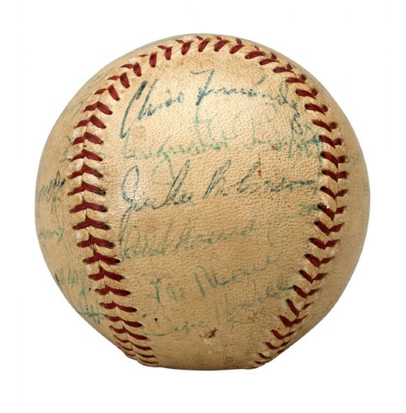 1956 BROOKLYN DODGERS AND ST. LOUIS CARDINALS BALL SIGNED BY 24 INC JACKIE ROBINSON