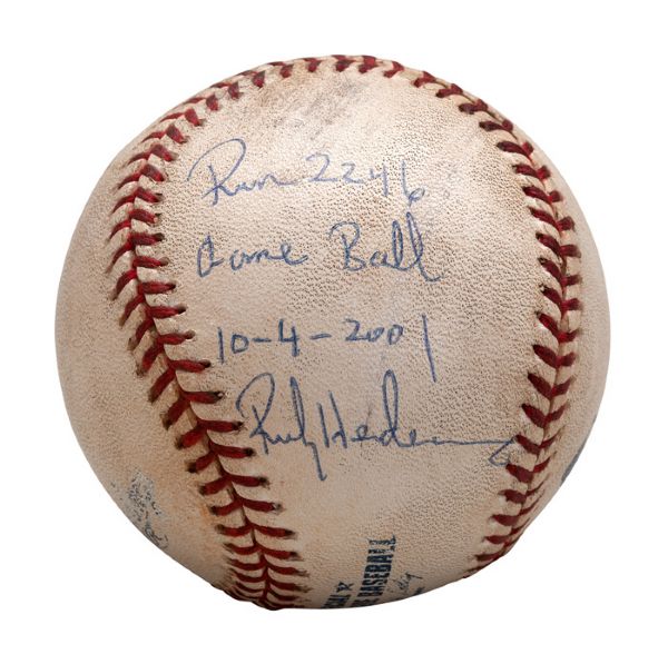 OCTOBER 4, 2001 RICKEY HENDERSON SIGNED GAME-USED BASEBALL FROM RECORD-TYING (TY COBB) 2,246TH RUNS SCORED GAME (HENDERSON COA)