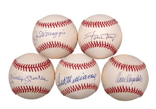 LOT OF (5) SINGLE SIGNED BASEBALLS BY HALL OF FAMERS INCLUDING JOE DIMAGGIO, MICKEY MANTLE, TED WILLIAMS, WILLIE MAYS AND DON DRYSDALE