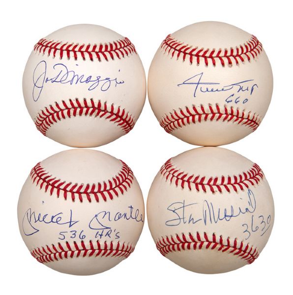 LOT OF (4) SINGLE SIGNED BASEBALLS BY HALL OF FAMERS INCLUDING JOE DIMAGGIO, MICKEY MANTLE ("536 HRS"), WILLIE MAYS ("660") AND STAN MUSIAL ("3630")