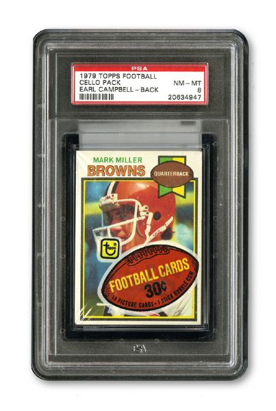 1979 TOPPS FOOTBALL CELLO PACK WITH EARL CAMPBELL ROOKIE ON BACK NM-MT PSA 8