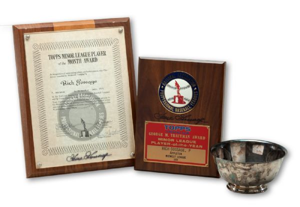 GOOSE GOSSAGES LOT OF (3) 1971 TOPPS CHEWING GUM MINOR LEAGUE AWARDS INCL. PLAYER-OF-THE-YEAR PLAQUE (SIGNED), JULY PLAYER-OF-THE-MONTH PLAQUE (SIGNED), AND ALL-STAR TEAM CUP (GOSSAGE LOA)