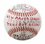 GAME USED BASEBALL FROM STEVE CARLTONS THEN RECORD SETTING 19 STRIKE OUT GAME ON SEPT. 15TH, 1969 WITH COMPREHENSIVE STATISTICAL NOTATIONS (CARLTON LOA, NSM COLLECTION)