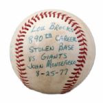 AUGUST 25TH, 1977 GAME USED AND INSCRIBED BASEBALL THROWN BY GIANTS CATCHER MIKE SADEK IN ATTEMPT TO PREVENT LOU BROCKS 890TH STOLEN BASE (SADEK LOA, NSM COLLECTION)
