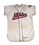 1955 VIC POWER AUTOGRAPHED KANSAS CITY ATHLETICS GAME WORN HOME JERSEY (NSM COLLECTION)