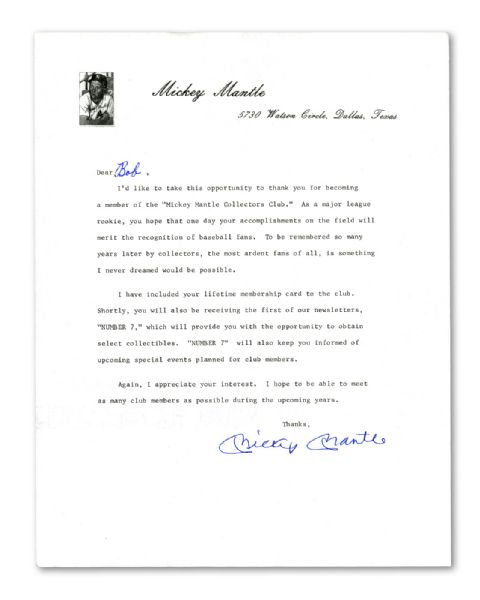 MICKEY MANTLE 1980S SIGNED "MICKEY MANTLE COLLECTORS CLUB" LETTER