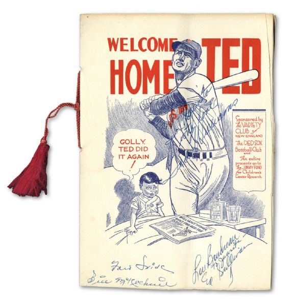 AUGUST 17, 1953 WELCOME HOME TED WILLIAMS DINNER PROGRAM SIGNED BY TED WILLIAMS, BILL MCKECHNIE, LOU BOUDREAU, FORD FRICK, AND ENTERTAINER ED SULLIVAN