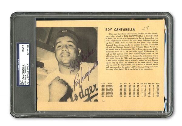 1954 ROY CAMPANELLA AUTOGRAPHED PROFILE PAGE FROM BROOKLYN DODGERS YEARBOOK (PSA/DNA MINT 9)