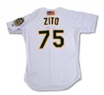 2000-01 BARRY ZITO AUTOGRAPHED OAKLAND AS (ROOKIE SEASON) GAME WORN HOME JERSEY (AS LOA, NSM COLLECTION)