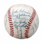 1954 NATIONAL LEAGUE ALL-STAR TEAM SIGNED OAL (HARRIDGE) BASEBALL INCL. ROBINSON AND CAMPY (NSM COLLECTION)