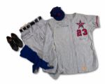EXCEPTIONAL 1957 CLYDE KING AUTOGRAPHED HOLLYWOOD STARS HEAD TO TOE GAME WORN ENSEMBLE; ROAD UNIFORM, CAP, CLEATS, ETC. (NSM COLLECTION)