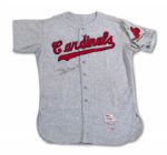 1956 STAN MUSIAL AUTOGRAPHED ST. LOUIS CARDINALS GAME WORN ROAD JERSEY (MEARS A9, NSM COLLECTION)
