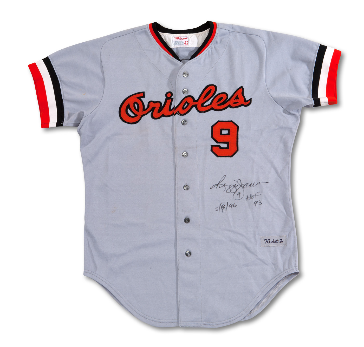 Lot Detail - 1976 REGGIE JACKSON BALTIMORE ORIOLES GAME WORN AND SIGNED  ROAD JERSEY (GIORDANO LOA)