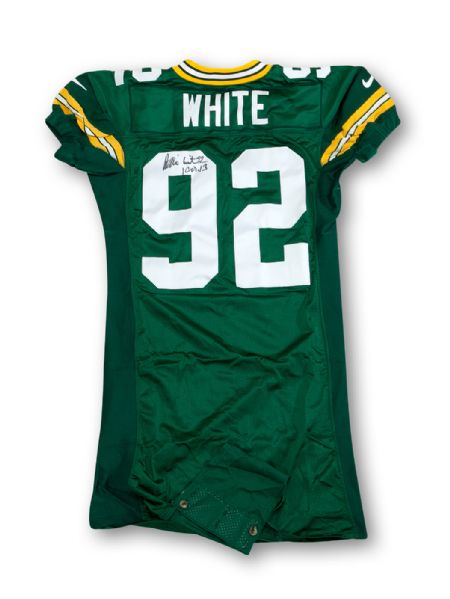 REGGIE WHITE 1998 GREEN BAY PACKERS GAME ISSUED & SIGNED JERSEY WITH INSCRIPTION "1 COR. 13" (WARREN MOON LOA)