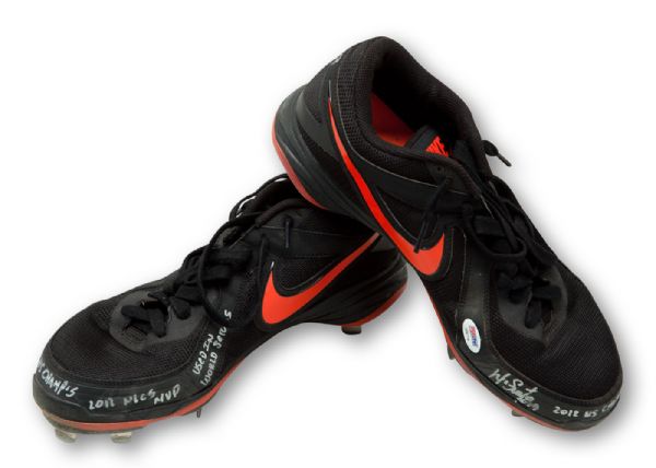 MARCO SCUTARO 2012 WORLD SERIES GAME WORN AND DUAL INSCRIBED "USED IN WORLD SERIES" NIKE CLEATS