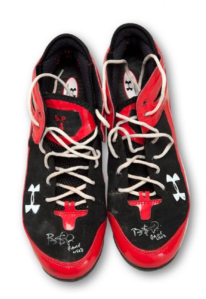 BRANDON PHILLIPS GAME WORN AND DUAL AUTOGRAPHED UNDER ARMOUR CLEATS 