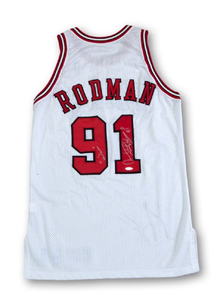 DENNIS RODMAN 1995-96 CHICAGO BULLS WHITE GAME WORN AND AUTOGRAPHED HOME JERSEY