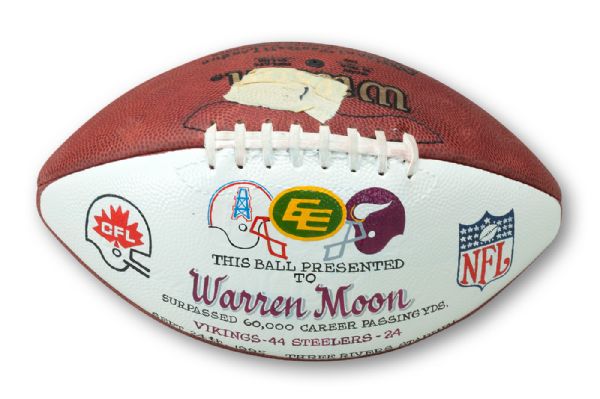 WARREN MOONS 9/24/1995 (MINNESOTA VIKINGS AT PITTSBURGH STEELERS) SIGNED 60,000 PASSING YARDS (CFL + NFL CAREER) MILESTONE BALL (MOON LOA)