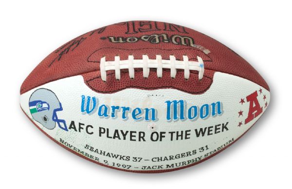 WARREN MOONS 11/9/1997 SIGNED SEATTLE SEAHAWKS AT SAN DIEGO CHARGERS AFC PLAYER OF THE WEEK GAME BALL (MOON LOA)