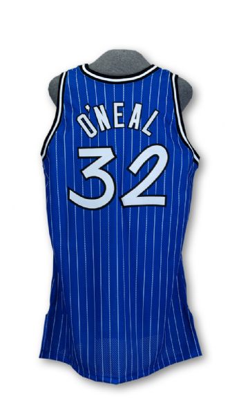 SHAQUILLE ONEAL 1994-95 ORLANDO MAGIC BLUE WITH WHITE PINSTRIPE GAME WORN ROAD JERSEY