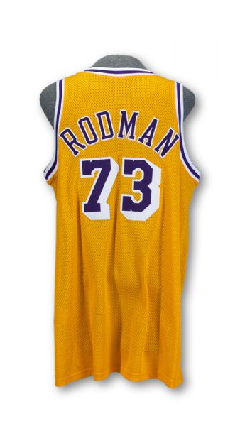 DENNIS RODMAN 1998-99 LOS ANGELES LAKERS YELLOW GAME WORN HOME JERSEY (BILL BERTKA LOA, SCOUT AND ASSISTANT COACH)