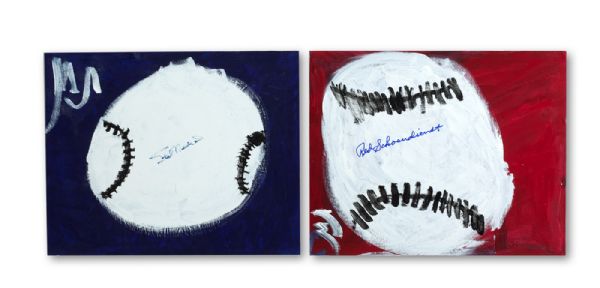 PAIR OF STAN MUSIAL AND RED SHOENDIENST ORIGINAL ABSTRACT BASEBALL PAINTINGS