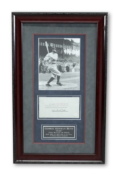 BABE RUTH AUTOGRAPHED PAGE IN FRAMED DISPLAY