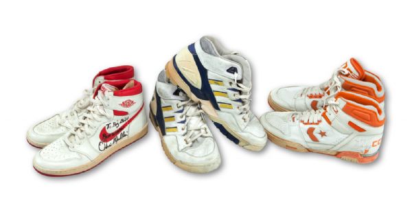 "RUN TMC" LOT OF (3) PAIRS OF GAME WORN & SIGNED SHOES INCLUDING TIM HARDAWAY CONVERSE (C. 1985-89 UTEP), MITCH RICHMOND ADIDAS, AND CHRIS MULLIN NIKE AIR (FICKE LOA)