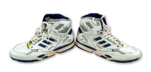 GRANT HILL (C. 1990-94 DUKE BLUE DEVILS) GAME WORN AND AUTOGRAPHED ADIDAS SHOES (FICKE LOA)