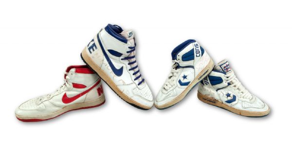 MANUTE BOL GAME WORN NIKE SHOES (2 SINGLES, 1 SIGNED) AND MUGGSY BOGUES GAME WORN & SIGNED CONVERSE SHOES - TALLEST AND SHORTEST PLAYERS IN NBA HISTORY (FICKE LOA)