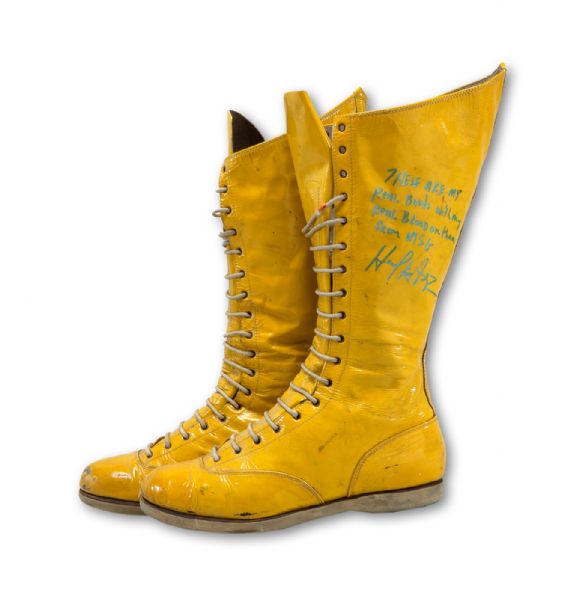 HULK HOGAN MATCH WORN AND AUTOGRAPHED YELLOW WRESTLING BOOTS WITH AWESOME INSCRIPTION! (FICKE LOA)