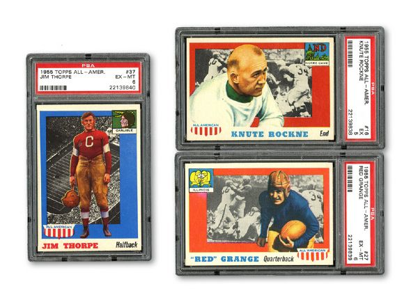 1955 TOPPS ALL AMERICAN FOOTBALL LOT OF 3 KEY CARDS - JIM THORPE, RED GRANGE, AND KNUTE ROCKNE 