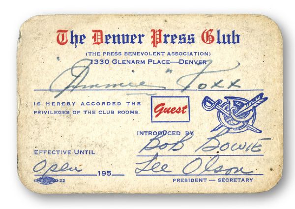 JIMMIE FOXX SIGNED GUEST MEMBER CARD FOR THE DENVER PRESS CLUB