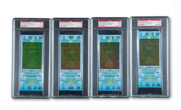 1995 SUPER BOWL XXIX (SAN FRANCISCO 49ERS - SAN DIEGO CHARGERS) FULL UNUSED TICKET (BLUE) PSA GRADED LOT OF 19