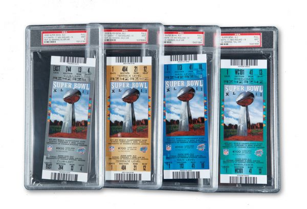 2008 SUPER BOWL XLII (NEW YORK GIANTS - NEW ENGLAND PATRIOTS) FULL UNUSED TICKET (BLUE, GOLD, SILVER, TEAL) MINT PSA 9 LOT OF 4
