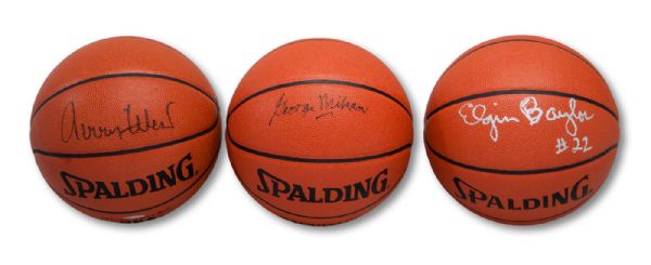 LAKERS LEGENDS LOT OF (3) SINGLE SIGNED BASKETBALLS INCL. JERRY WEST, ELGIN BAYLOR AND GEORGE MIKAN